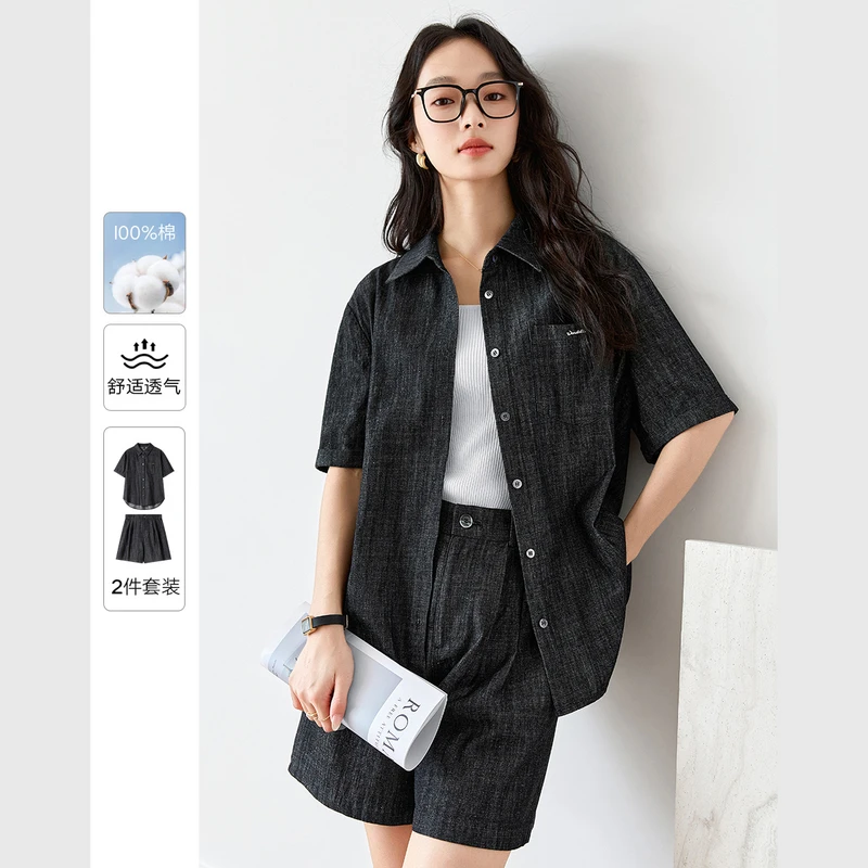 *休闲通勤牛仔衬衫短裤套装女2025年夏季新款复古时尚两件套M9752