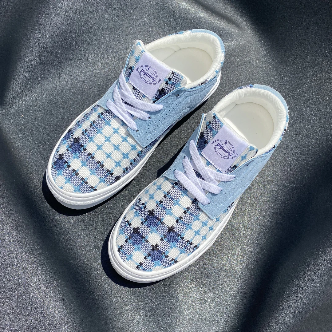 情侣帆布鞋蓝白小香风大码鞋子潮流时尚百搭夏季男女透气厚底板鞋
