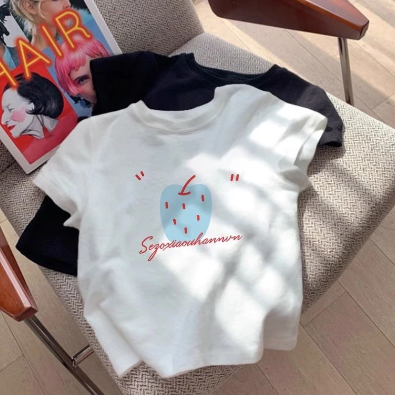 25夏季女童纯棉圆领短袖T恤女童休闲百搭卡通洋气可爱印花上衣潮