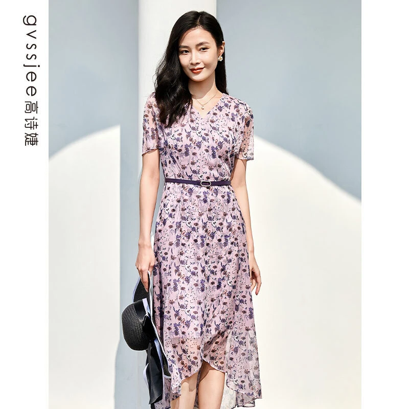 高诗婕夏季法式碎花V领雪纺连衣裙裙子夏天连衣裙232263048-90