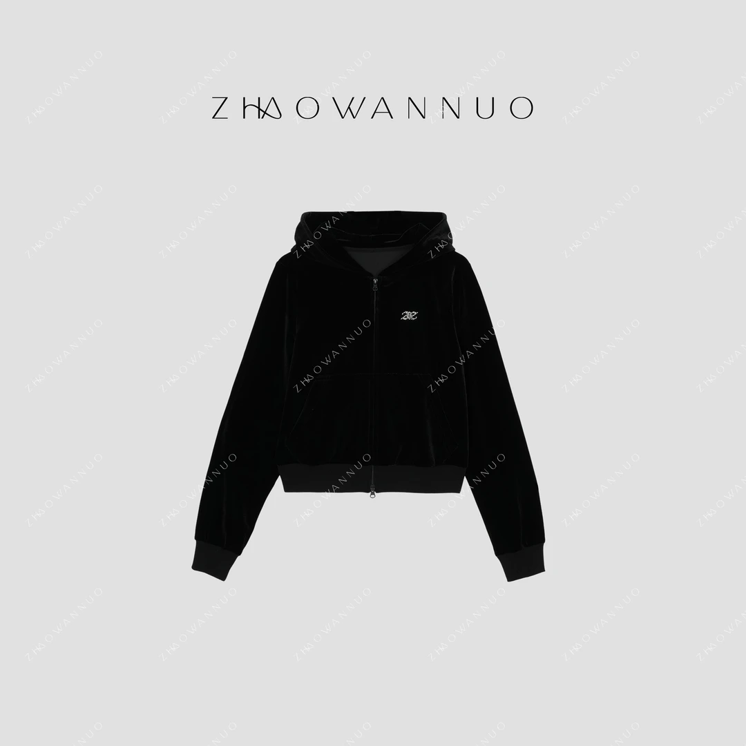 ZHAO WANNUO 丨 25新款黑色丝绒连帽卫衣外套NC0615