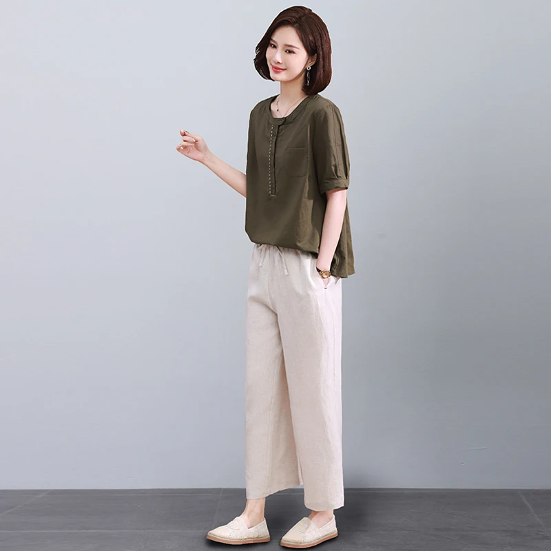 2025年夏季新款套装女时尚宽松纯色休闲棉麻阔腿裤中年妈妈两件套