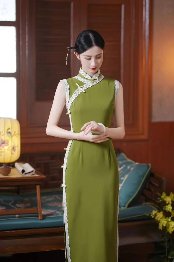 〖039绿色无袖〗倩倩年轻款春秋长袖新中式日常中国风苏州旗袍
