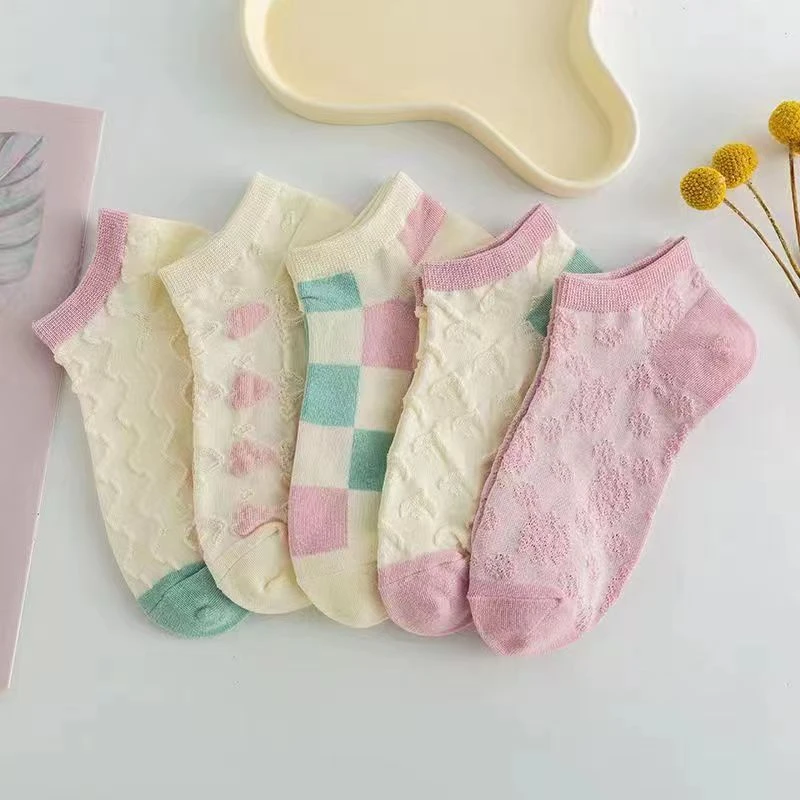 【5双装】小清新袜子女短筒袜ins潮粉色小花韩版可爱薄款透气袜