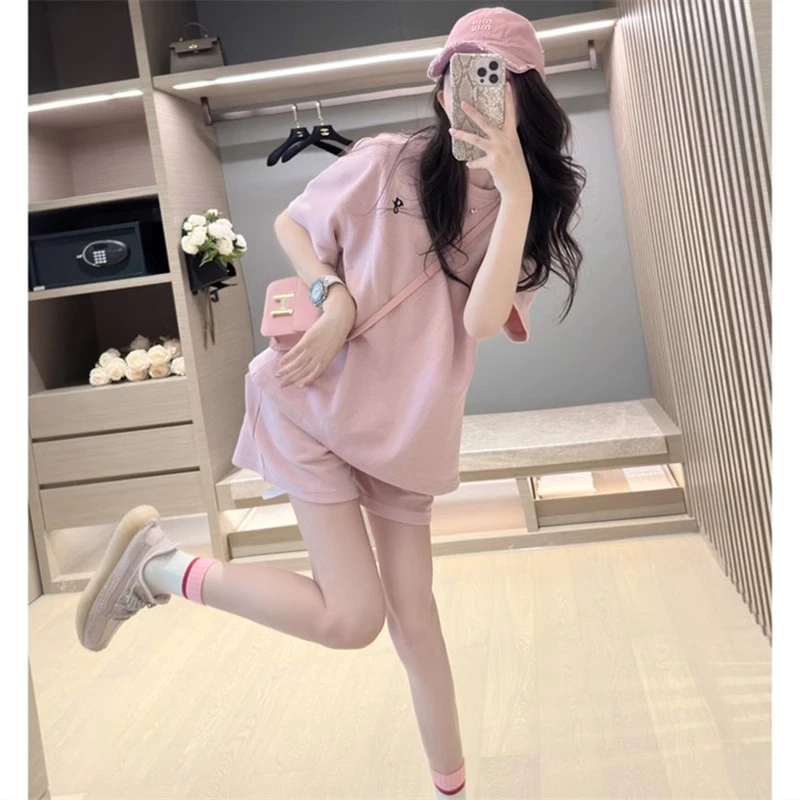 粉色显白夏季套装女短袖学生宽松韩版时尚短裤减龄休闲运动两件套