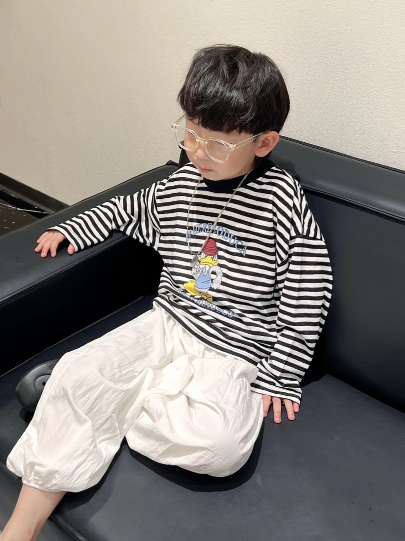 儿童条纹t恤夏装男童防晒衣2025女童韩版宽松百搭薄款卡通上衣in