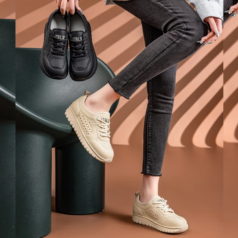 真皮小白鞋女平底2025夏新款镂空软底休闲运动鞋女41一43大码女鞋