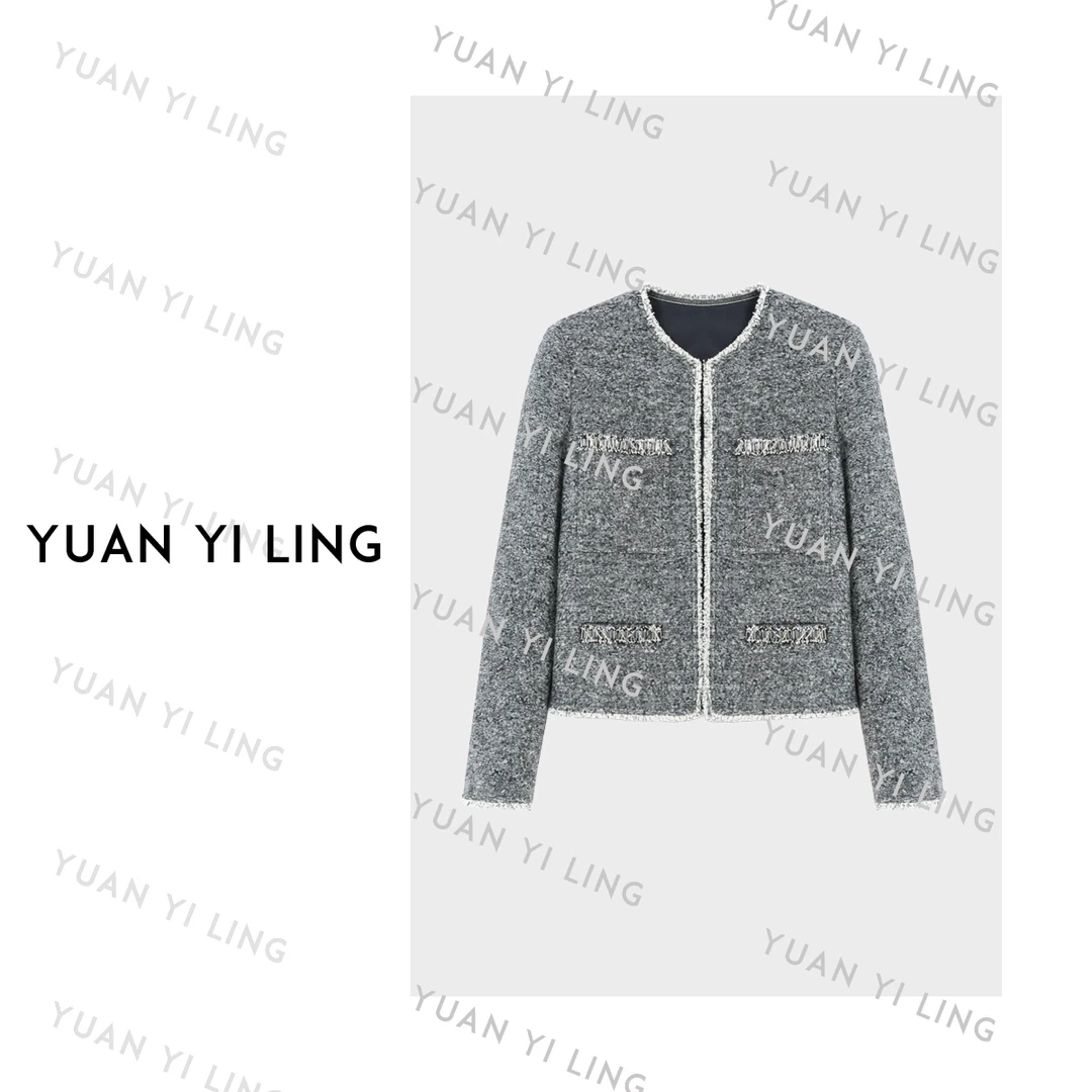 袁艺灵【克拉恋人】25秋冬经典圆领长袖气质拼接小香风外套9108