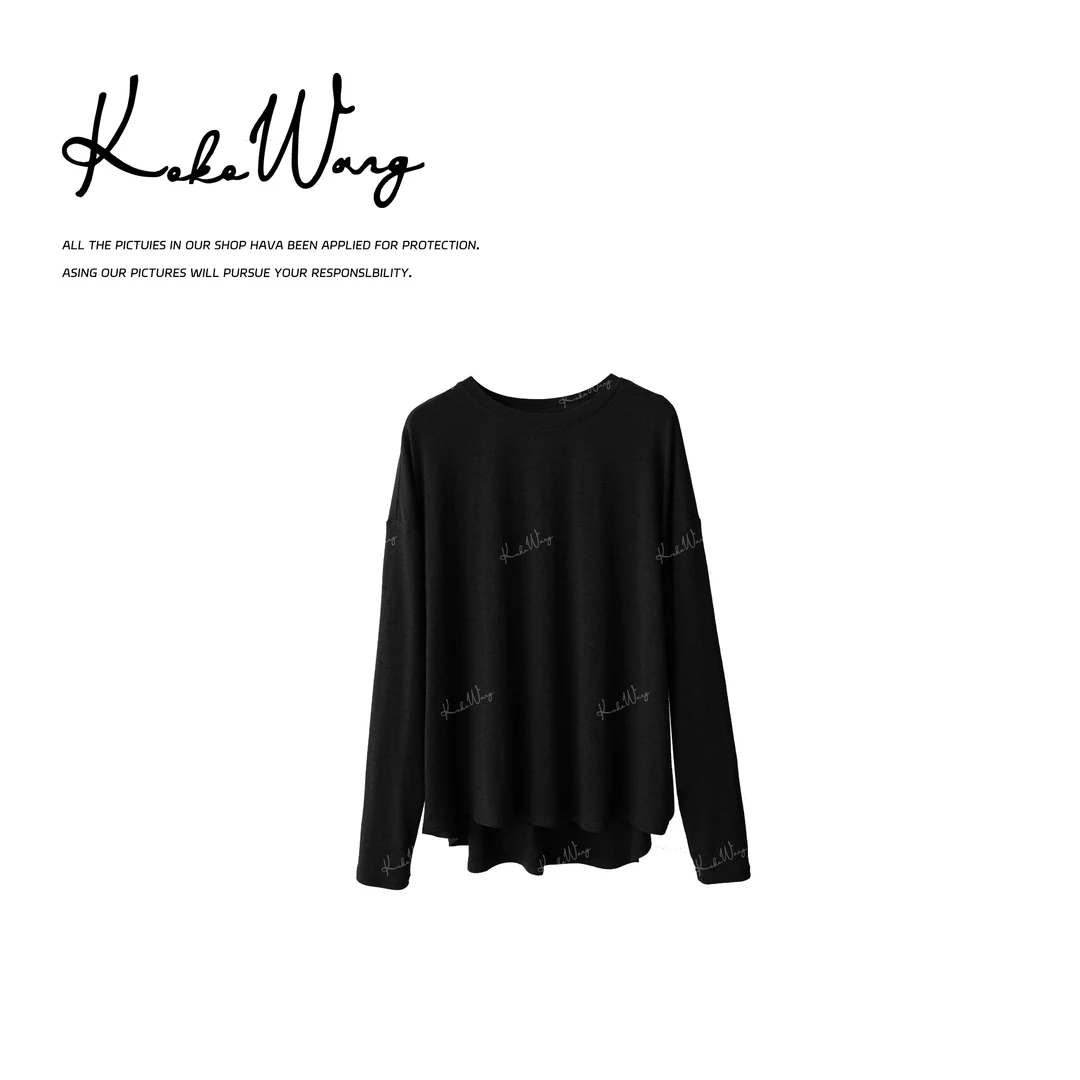 KOKO WANG秋冬羊绒混纺宽松纸片人无侧缝显瘦长袖T恤 N2445H22T43