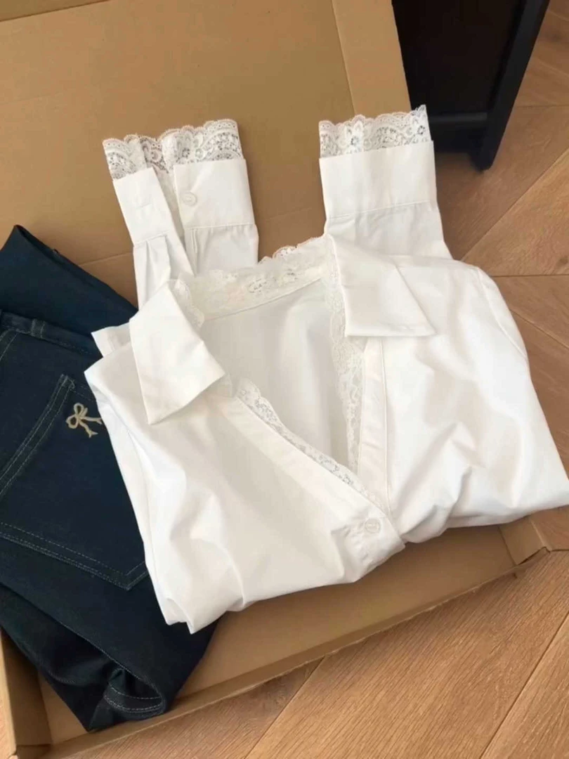 假两件蕾丝拼接长袖衬衫女秋季宽松polo领衬衣中长款白色防晒上衣