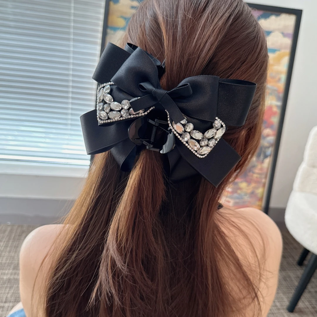黑色蝴蝶结水钻抓夹大号发量多盘发夹女后脑勺高级感气质鲨鱼夹子