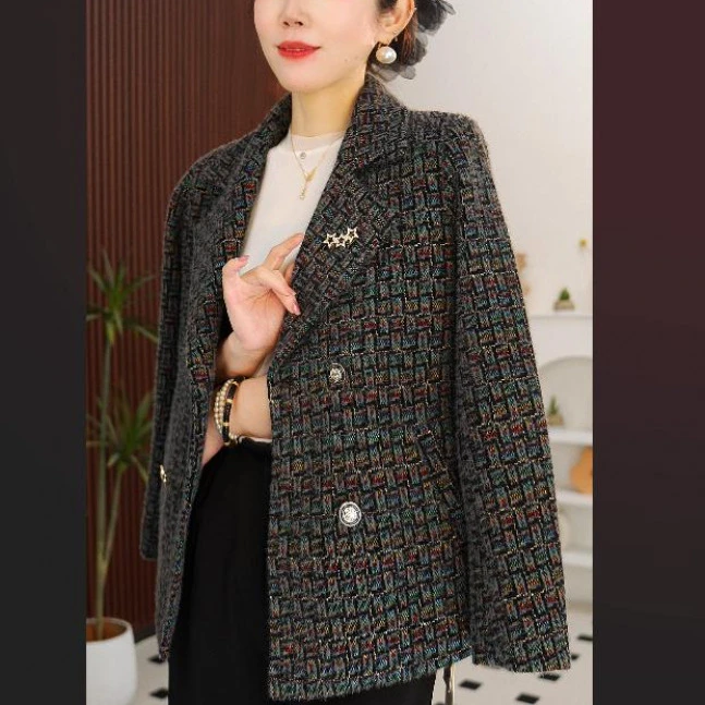 七彩龟裂纹时尚老钱风女2025秋季新品澳毛呢外套