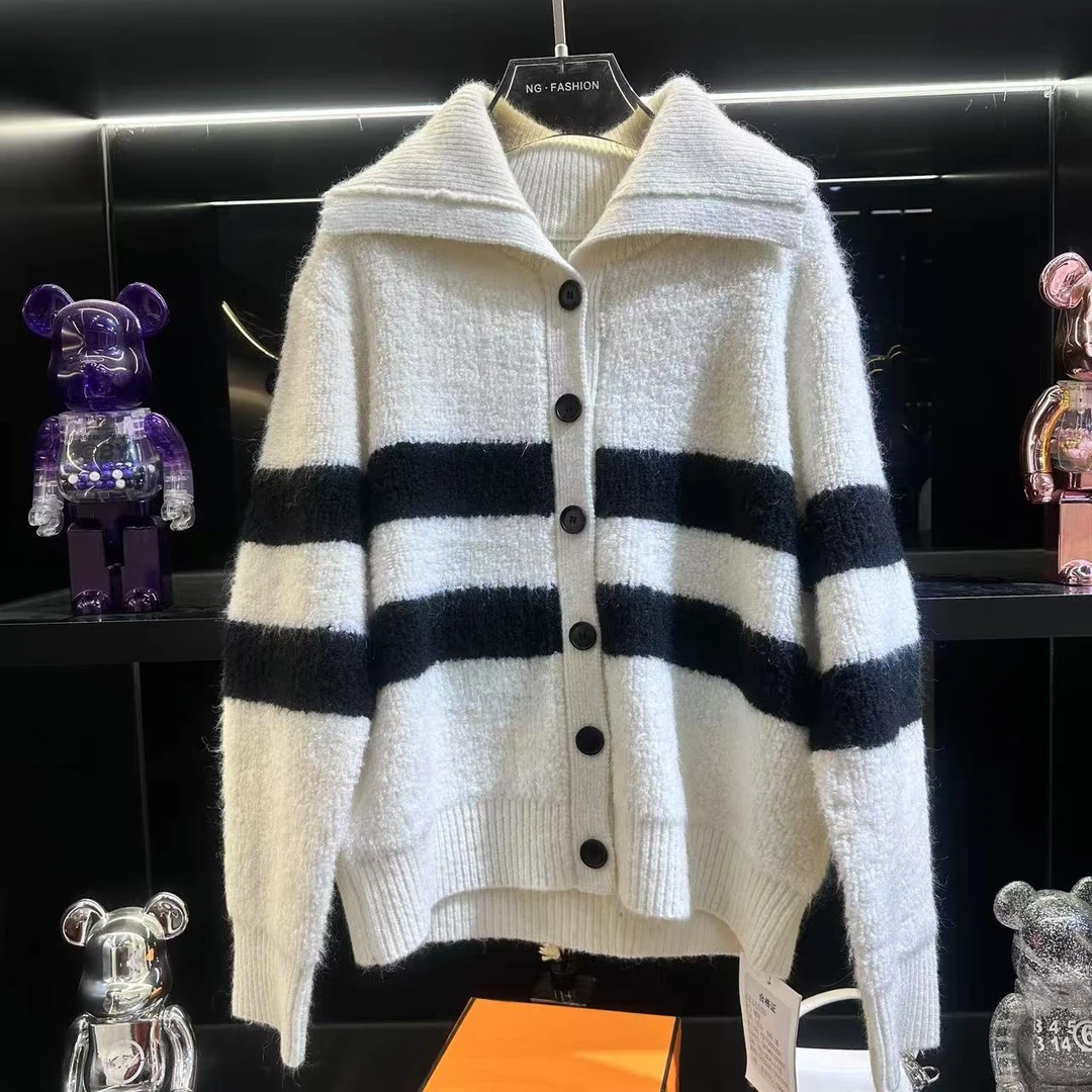 【DAXIU轻奢】秋冬纯色条纹衬衫领百搭针织衫-8879