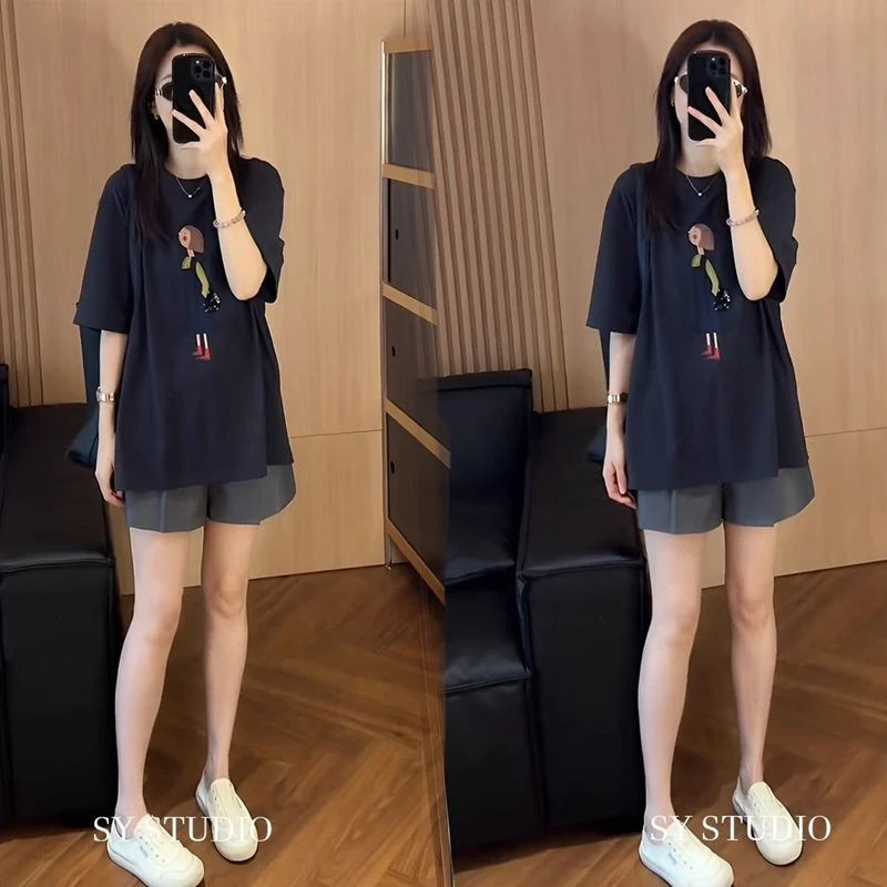 2025超火两件套夏装卡通女孩印花短袖T恤高腰休闲短裤洋气两件套