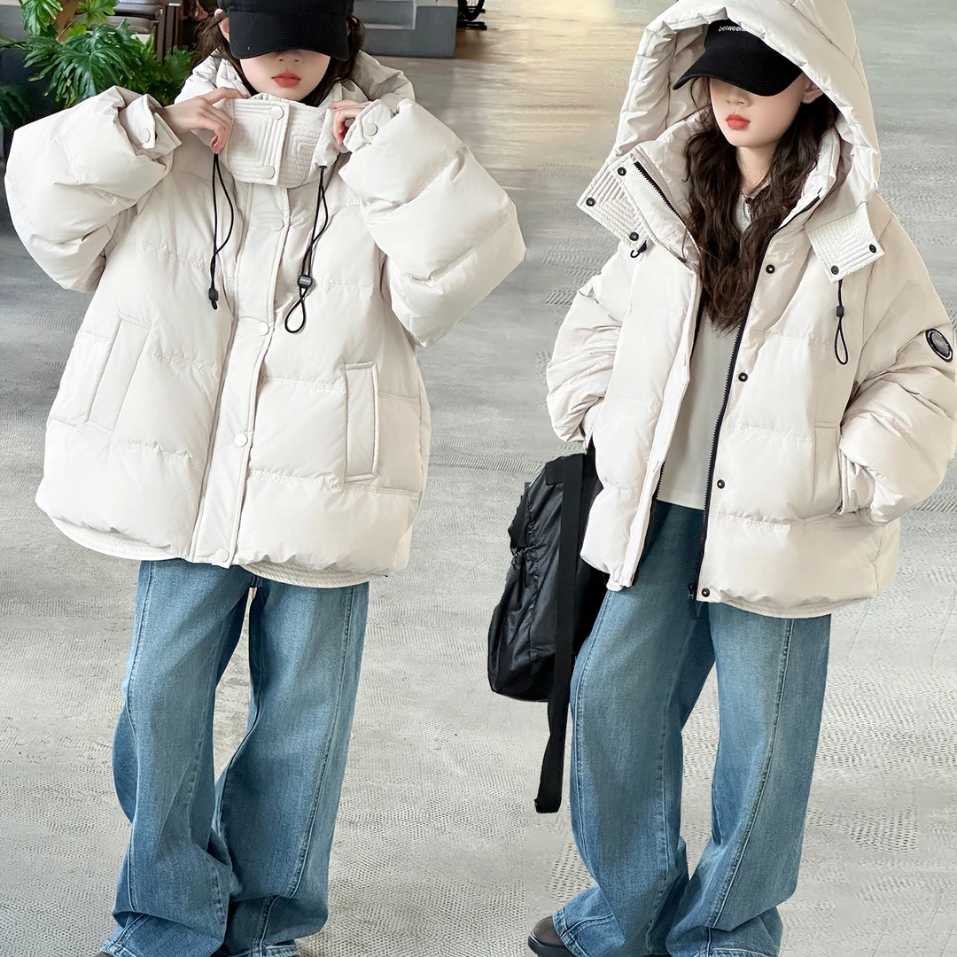 90白鸭绒羽绒服女大童连帽外套加厚中长款青少年初高中生羽绒衣服