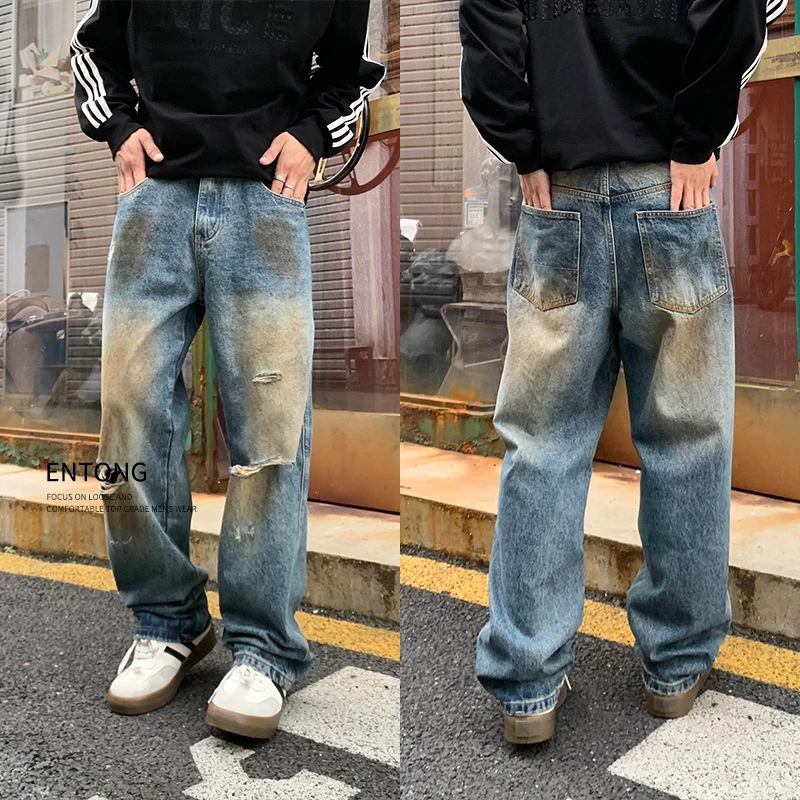 Entong重工水洗做旧破洞牛仔裤男美式潮牌Dirtyfit休闲宽松直筒裤