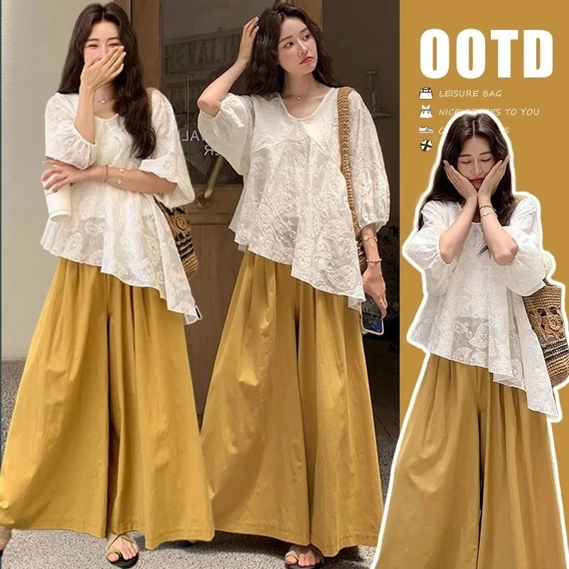 孕妇夏装新款洋气时尚减龄刺绣显瘦防晒衬衣休闲宽松阔腿裤子