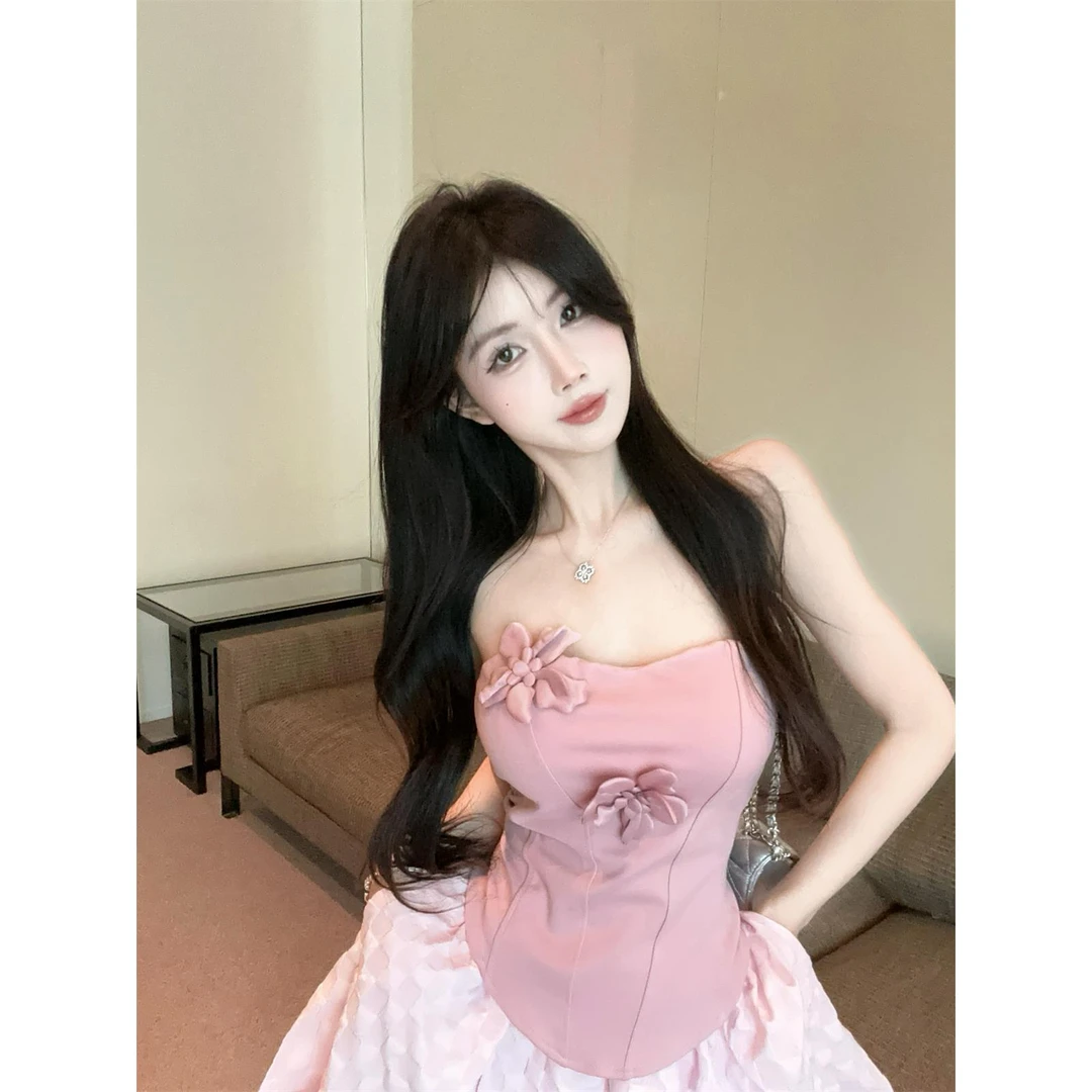 【妹宝彩虹糖专属】多巴胺花朵吊带背心女辣妹一字肩鱼骨抹胸小上衣