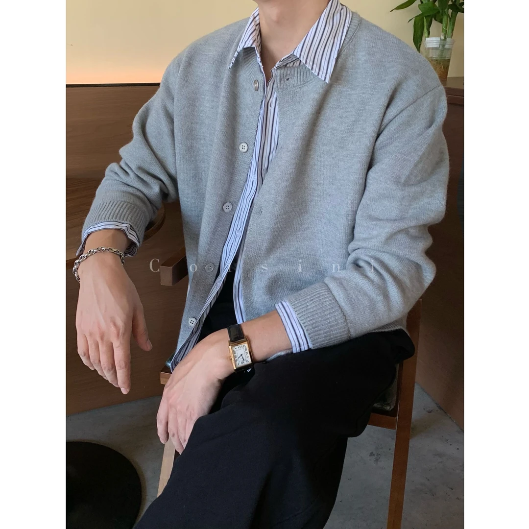 Coisini/假两件格子拼接衬衫针织毛衣男秋季新款老钱风休闲外套