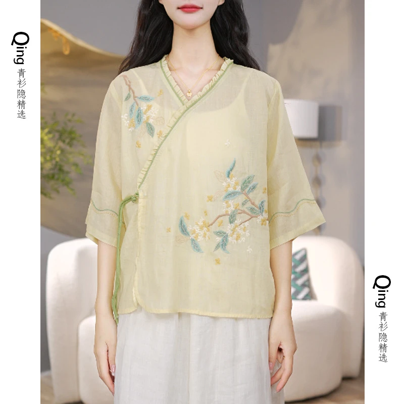 6610夏季斜襟东方美学苎麻刺绣小衫温婉新中式衬衫