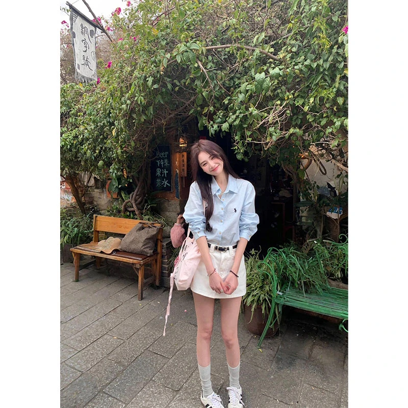 韩系新款休闲百搭时尚设计感蓝色长袖衬衫高腰修身显瘦a字半身裙