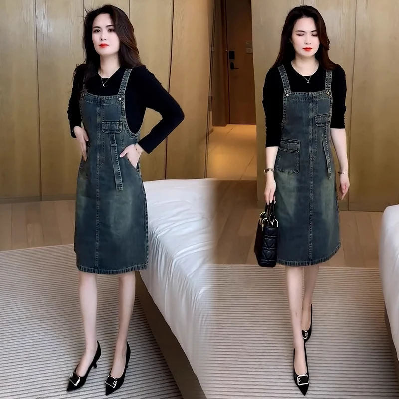 时尚牛仔连衣裙女2025春季新款洋气显瘦假两件拼接中长款背带裙子