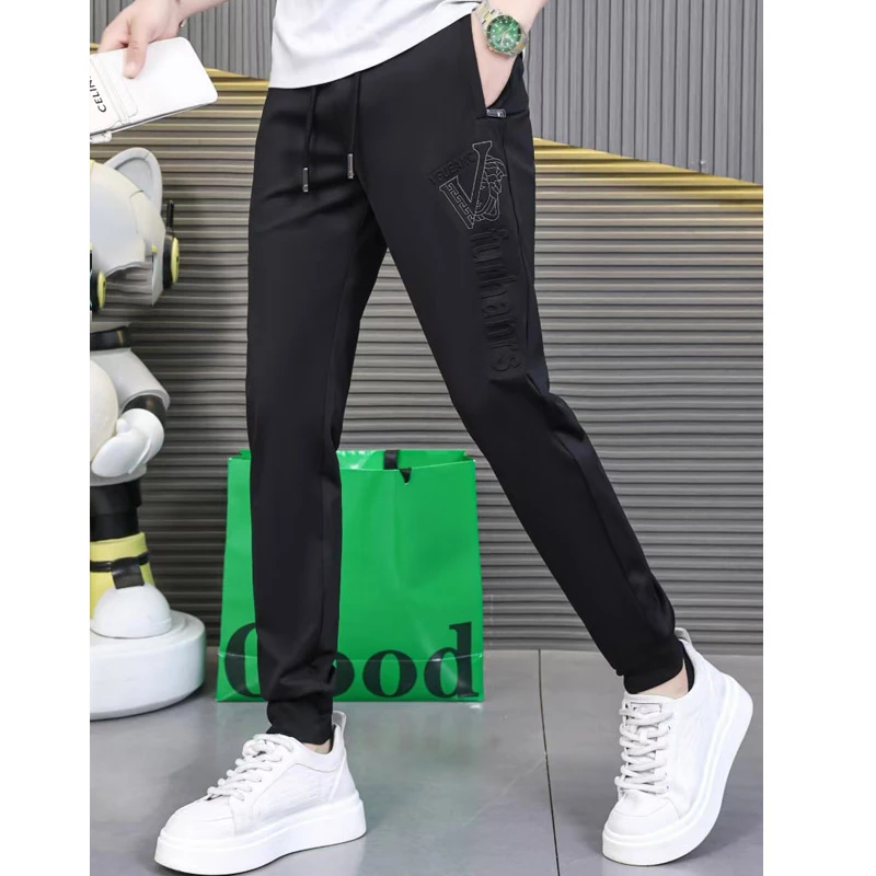 潮流时尚休闲束脚运动裤男夏季薄款弹力松紧腰九分裤百搭黑色卫裤