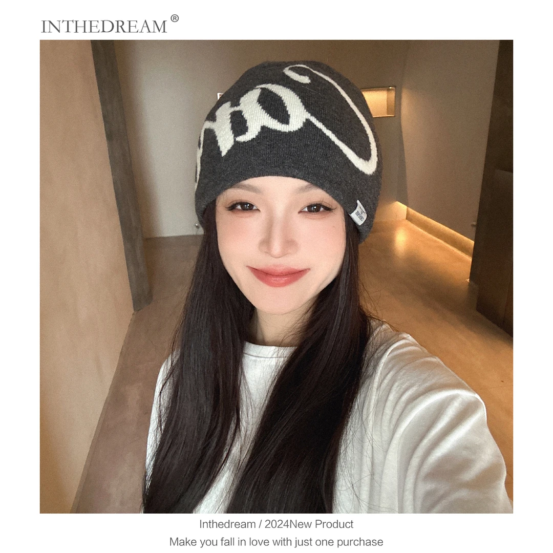 2025秋冬保暖双层美式毛线冷帽网红百搭套头针织帽子女骑行加厚潮