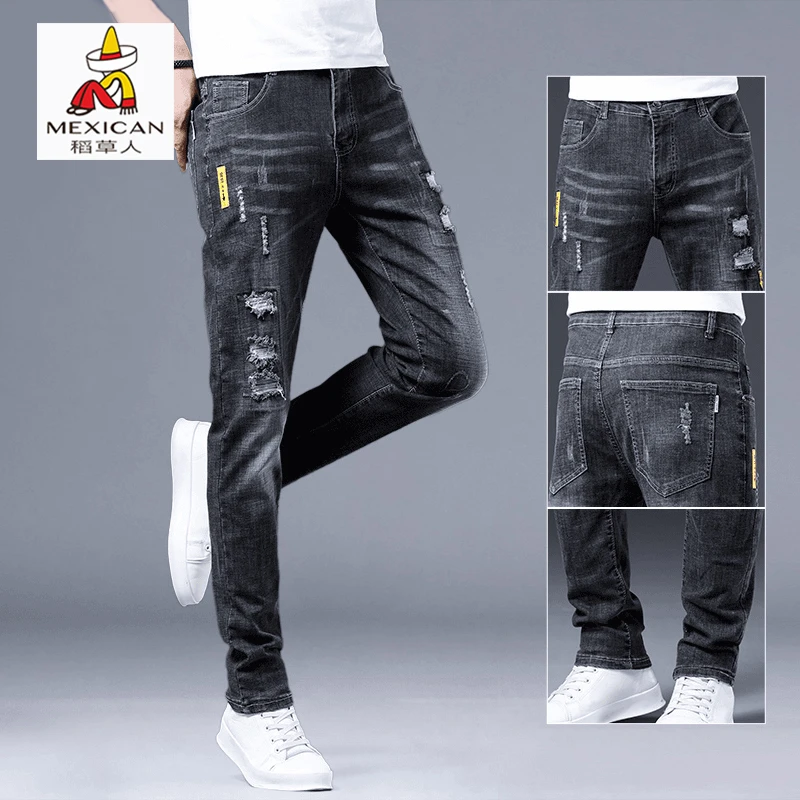 稻草人时尚破洞牛仔裤男士修身小脚显瘦秋冬季加绒加厚休闲裤子男