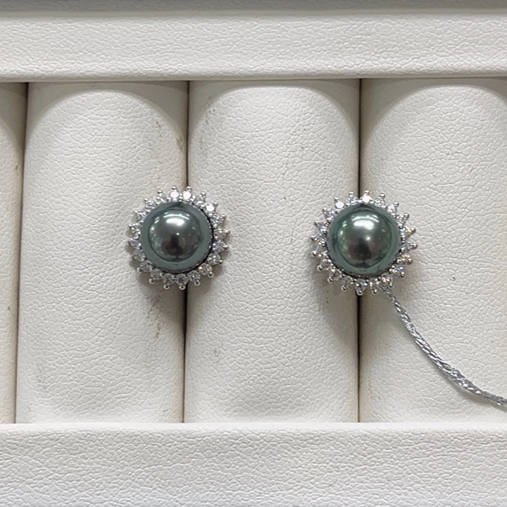 银S925镶嵌海水珍珠耳饰大溪地8-9mm 104号