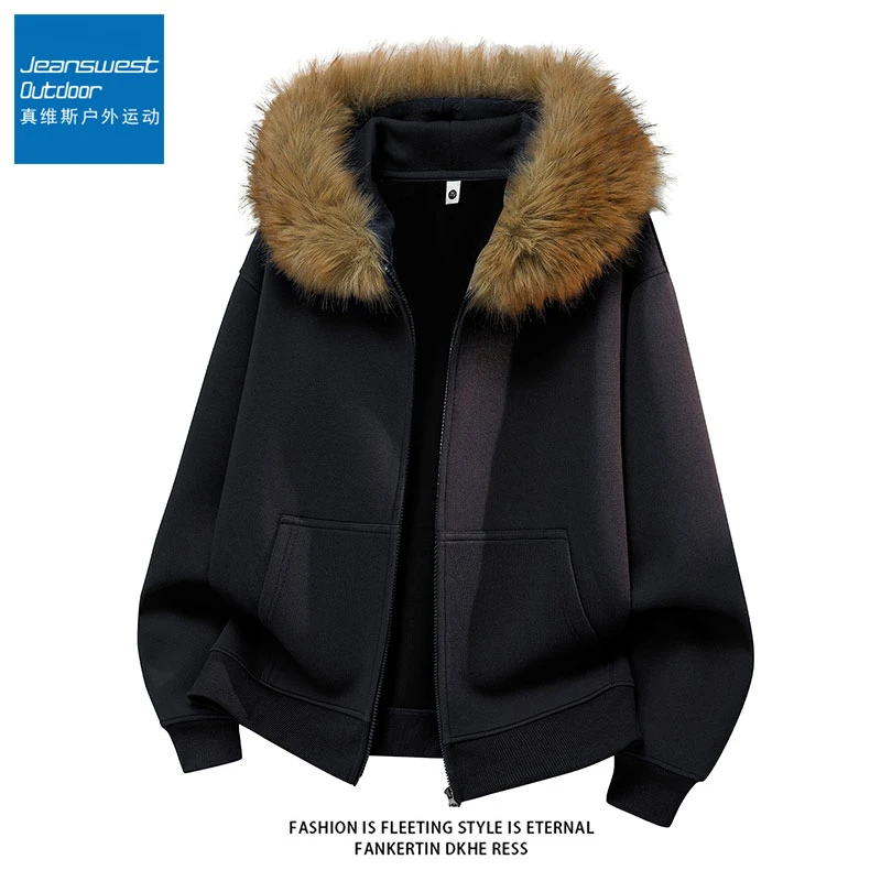 真维斯户外运动秋冬重磅美式复古连帽可拆卸毛领卫衣男座山雕外套