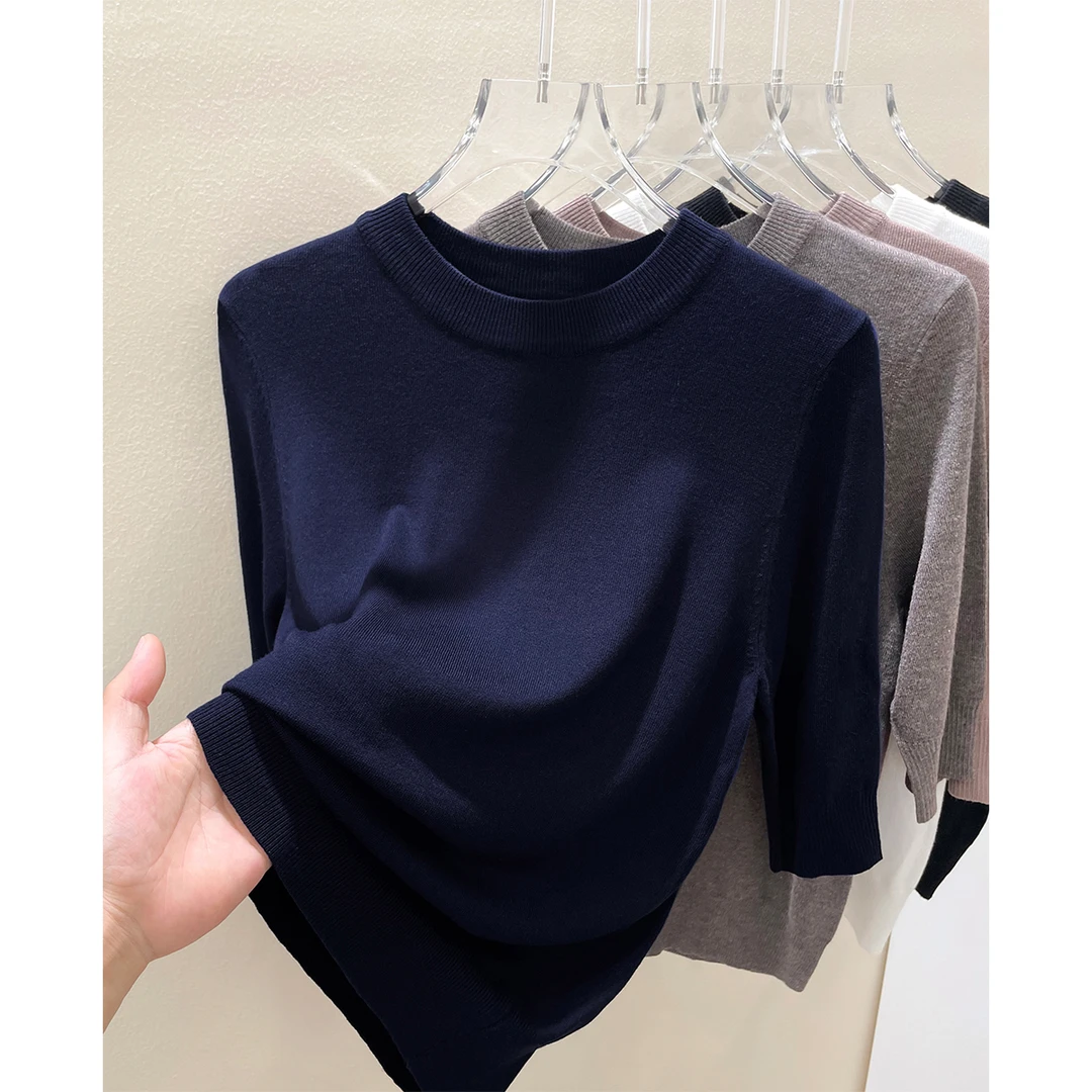 深色系圆领宽松设计套头针织打底衫女装秋季新款中袖百搭气质上衣