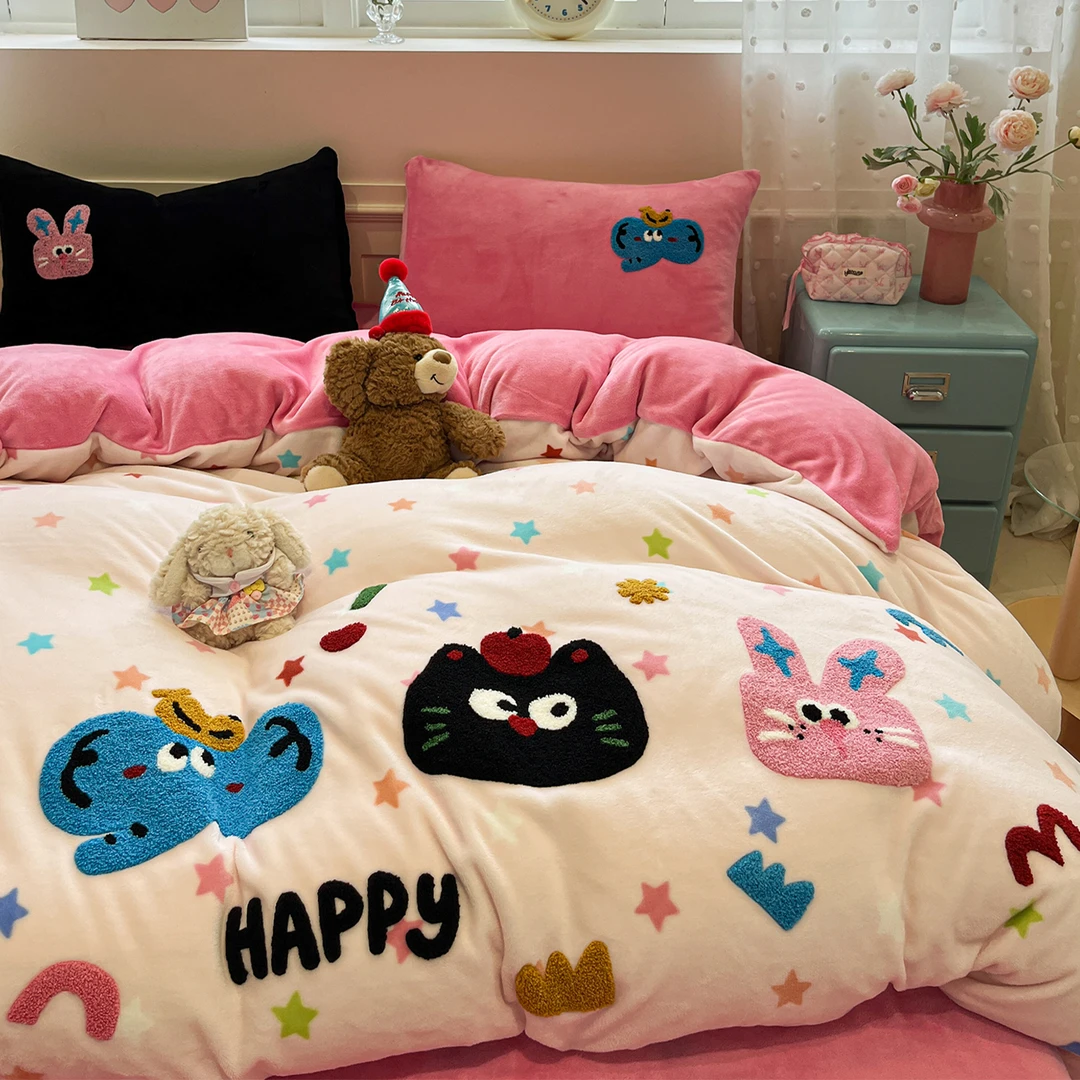 卡通风星愿萌趣加厚牛奶绒毛巾绣床上四件套双面绒被套床单床笠款