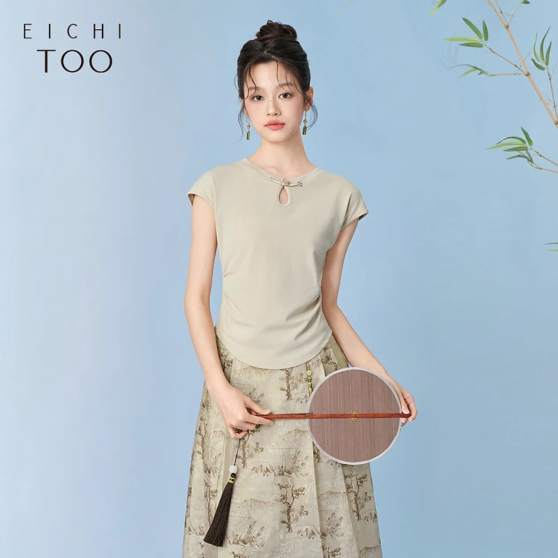 爱居兔夏季新中式盘扣设计复古时尚短袖T恤ETHAJ2P001A