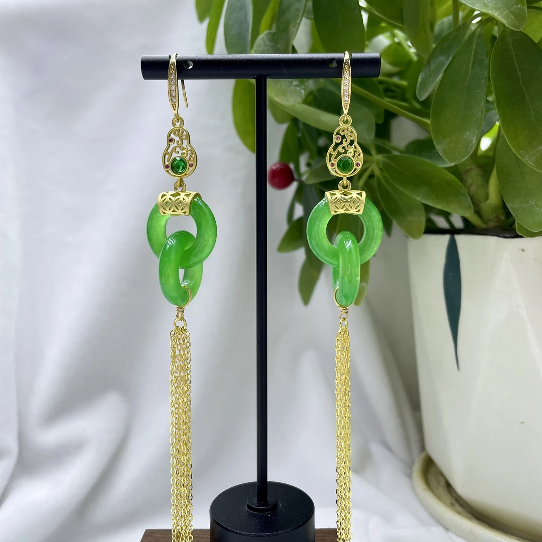 合金耳饰 绿色环环相扣女款保色防过敏耳坠流苏中式耳环时尚个性
