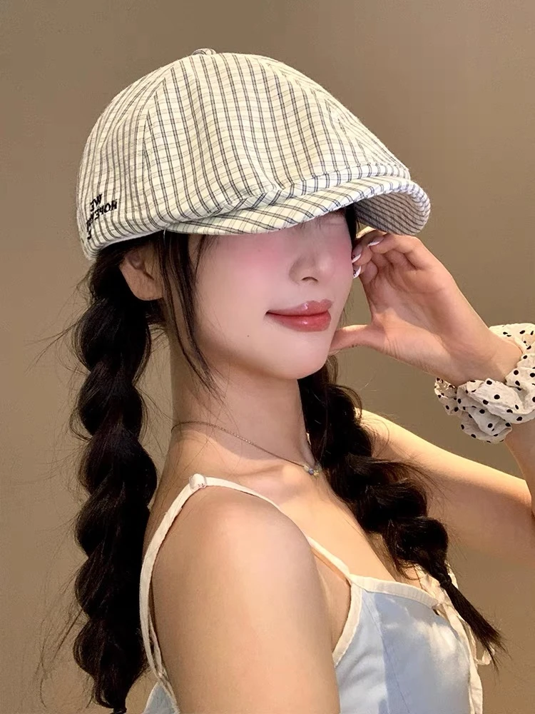日系格纹前进帽女2025新款大头围贝雷帽夏季画家报童帽大号大码款