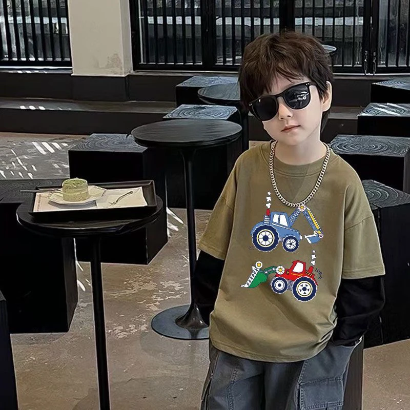 儿童100%纯棉拼接长袖打底秋季新款男女童宝宝卡通印花插肩袖t恤t