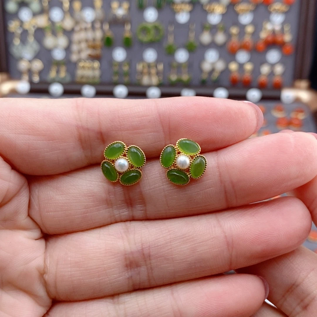 银S925镶嵌和田玉耳饰栗*