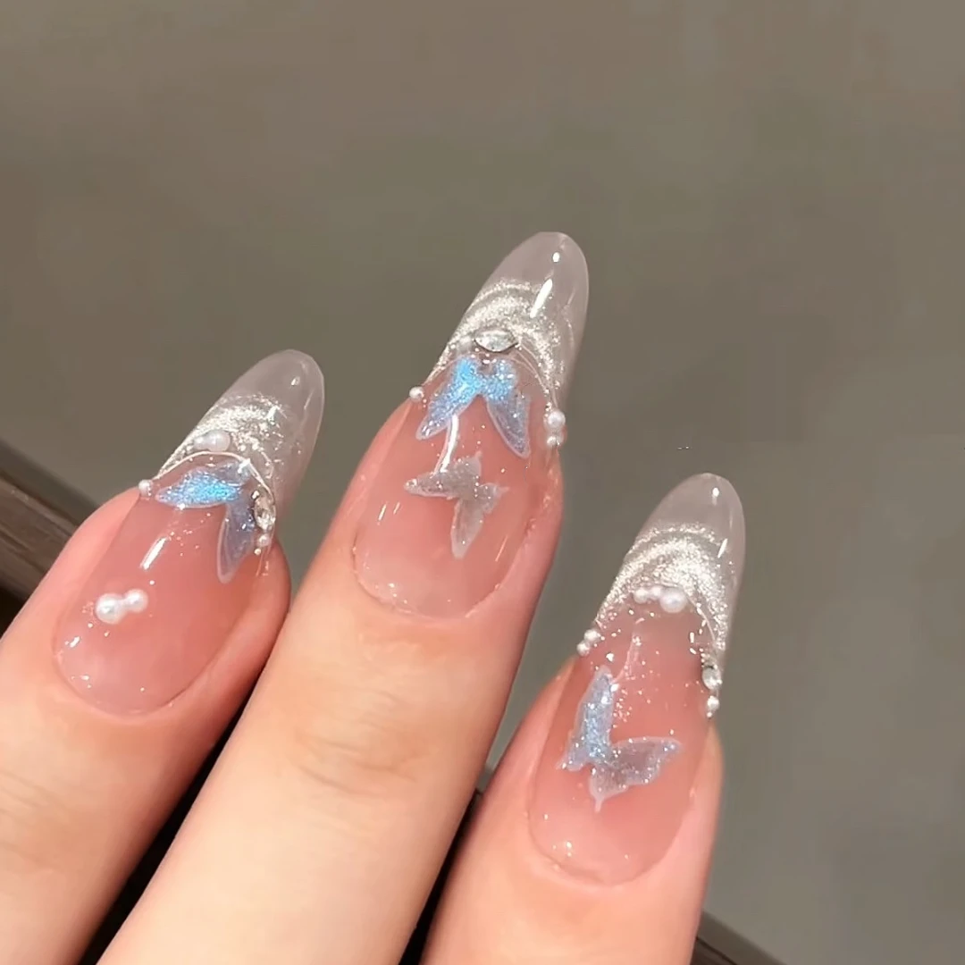 【冰蝶入夏】蓝色猫眼手绘晕染手工穿戴甲款带盒子工具包长款