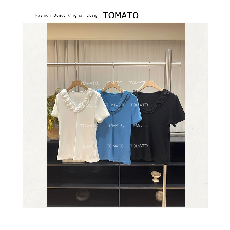【TomaTo】「f风起时」修身纯色显瘦V领拼接木耳边T恤上衣C25T022