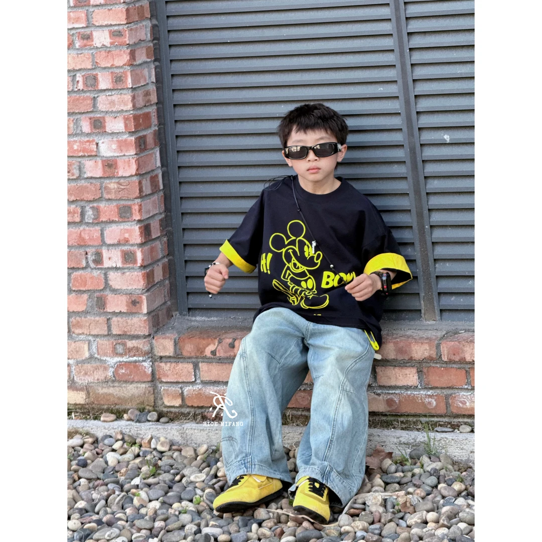 米饭童装【H！BOY】2025儿童夏季宽松撞色短袖 RICEMIFANG