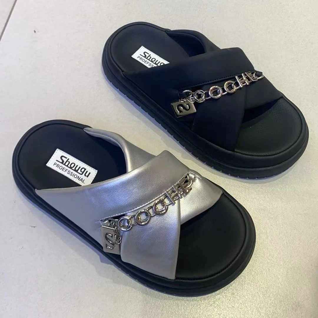 日常松糕底修面纯色防滑一字拖厚底凉拖鞋外穿女鞋平底百搭