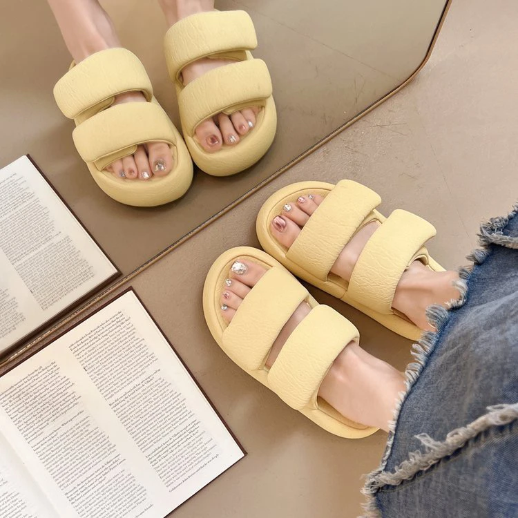 厚底一字型纯色魔术贴夏季一字拖外穿百搭时尚lulu风