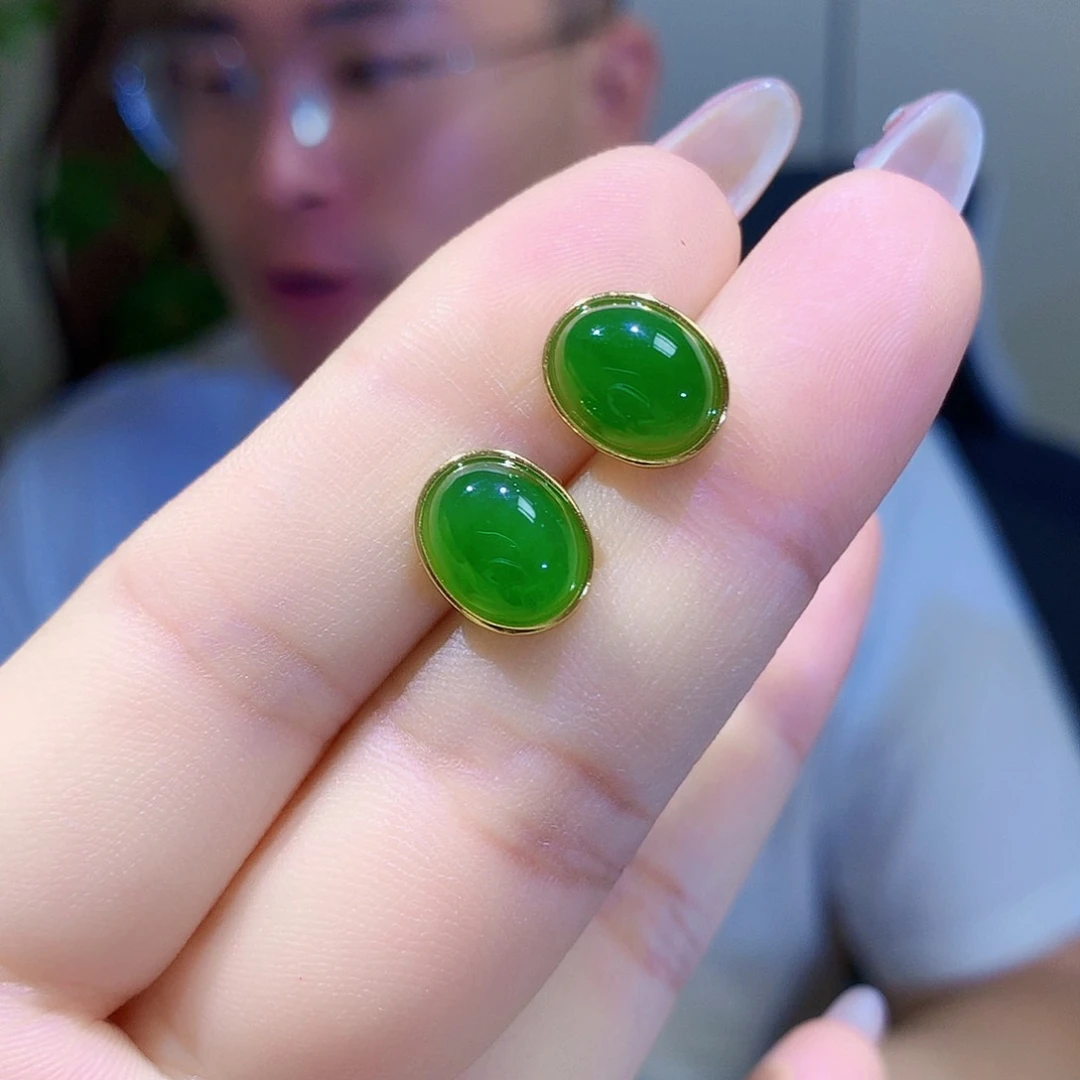 银S925镀金镶嵌和田玉（碧玉）耳饰