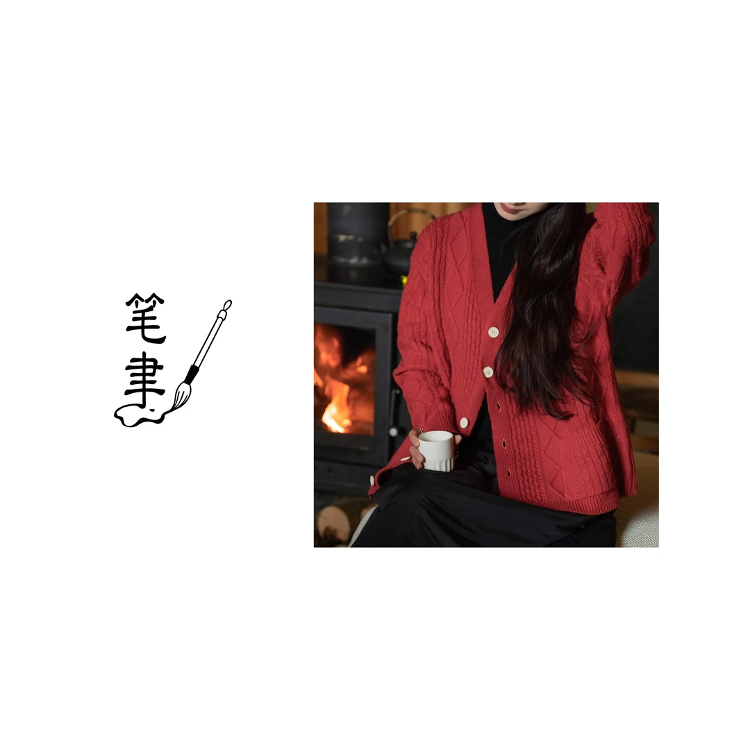 【年终回馈】西瓜红宽松羊毛开衫纽绳粗针新年毛衣外套251439-31