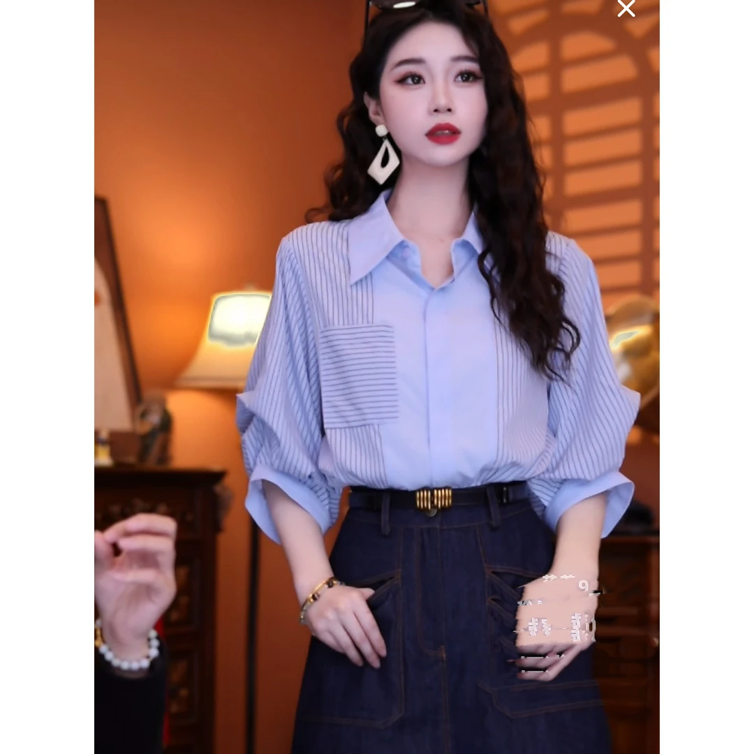 夏季新款时尚百搭港味短袖复古气质条纹衬衫职业正装通勤上衣女