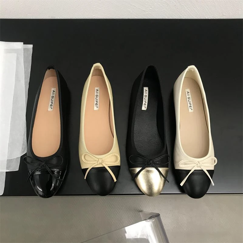 小香风豆豆鞋女春季新款温柔圆头蝴蝶结拼色平底单鞋仙女瓢鞋