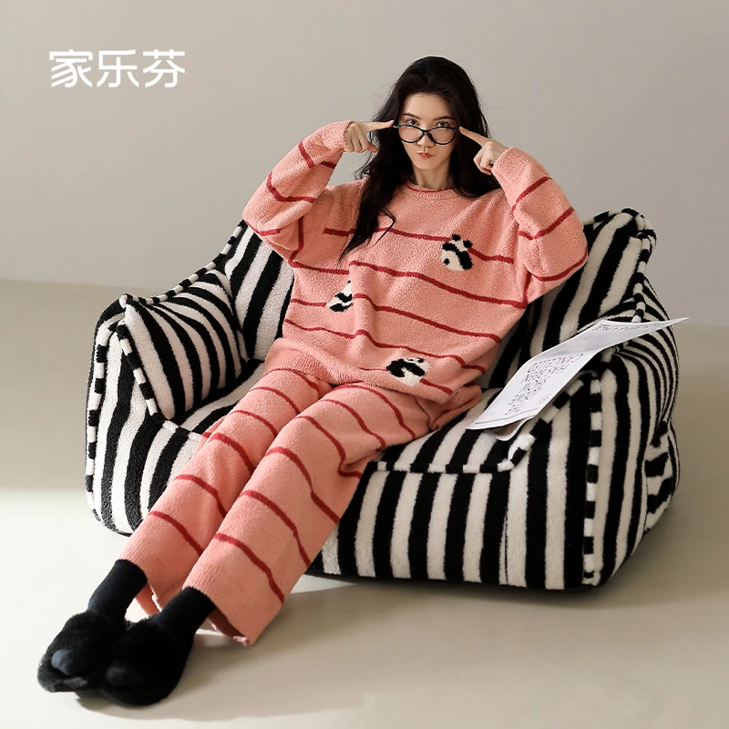 家乐芬睡衣女士秋冬季半边绒家居服软绵绵条纹卡通加厚加绒珊瑚绒