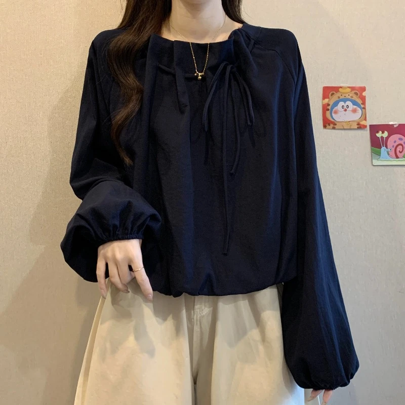 大码遮肚子高级感系带长袖衬衫女春秋微胖MM宽松显瘦百搭洋气上衣