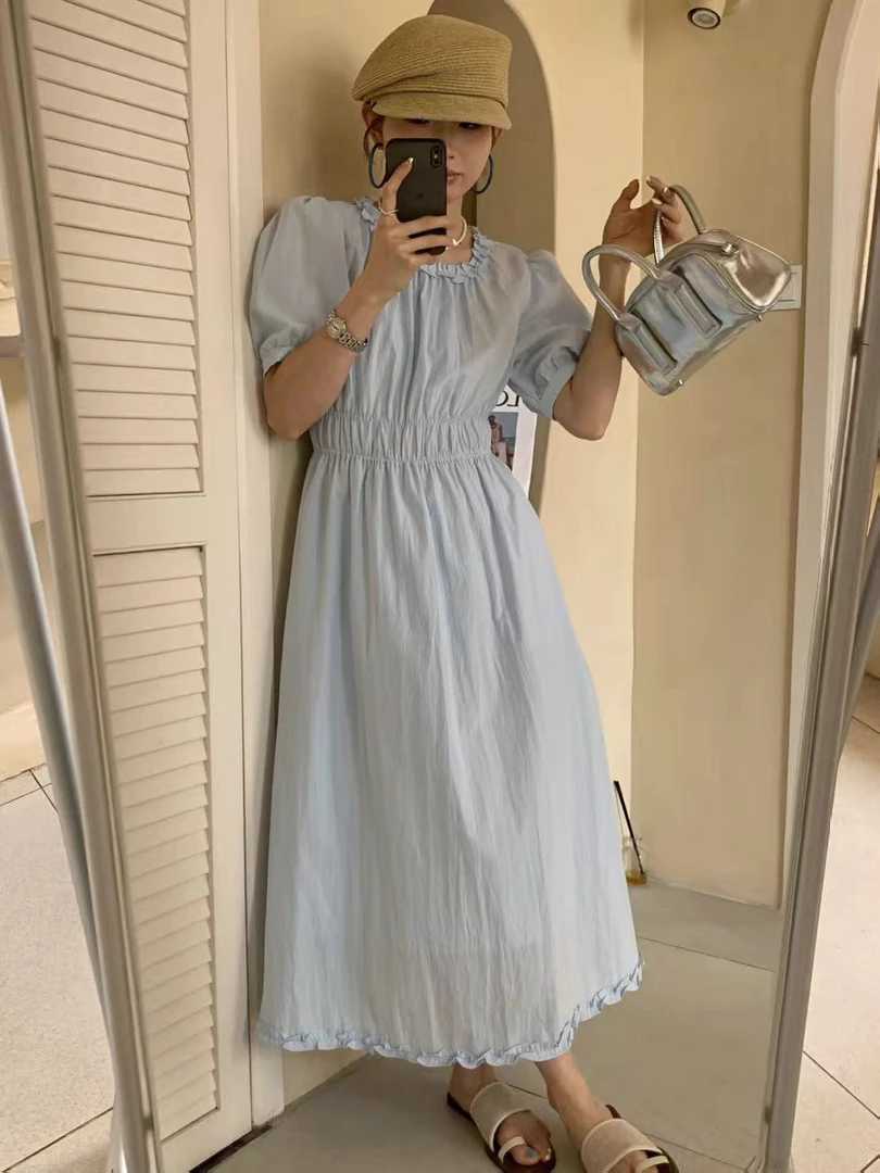 纯色长裙复古风泡泡袖圆领连衣裙白色夏季收腰复古显瘦气质
